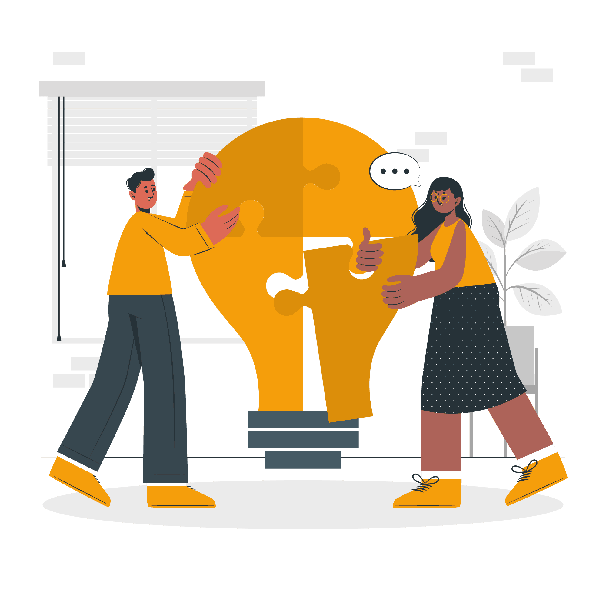 Working professionals collaborating on a lightbulb puzzle